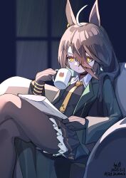 1girl :/ absurdres ahoge animal_ears black_choker black_coat black_gloves black_shirt black_skirt censored choker closed_mouth coat collared_shirt contrast_collar couch crossed_legs dhy-232 dot_mouth earrings frilled_skirt frills furrowed_brow gloves hair_between_eyes hand_up highres holding holding_paper horse_ears horse_girl indoors jewelry long_bangs long_hair_between_eyes long_sleeves manhattan_cafe_(umamusume) mosaic_censoring multicolored_hair multiple_girls necktie night open_clothes open_coat paper pleated_skirt rain reading shirt single_earring sitting skirt solo speech_bubble thighs umamusume white_hair window yellow_eyes yellow_necktie