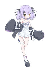 1girl absurdres bandaged_leg bandages bare_shoulders black_jacket black_ribbon black_shoes blush closed_mouth commentary_request dress full_body ghost_hair_ornament hachimitsu_shitate hair_ribbon hair_tie highres jacket looking_at_viewer off_shoulder purple_hair ribbon shinomiya_runa shinomiya_runa_(1st_costume) shoes simple_background socks solo spaghetti_strap virtual_youtuber vspo! white_background white_dress white_socks yellow_eyes