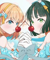 Rule 34 | 2girls, blue background, blue dress, blue eyes, blunt bangs, blunt ends, bob cut, bow hairband, celebration! (love live!), cerise bouquet, cherry blossoms, commentary, detached sleeves, dress, english commentary, floral background, flower hairband, frilled gloves, frills, gloves, goldluck, gradient background, green eyes, green hair, hairband, highres, hinoshita kaho, interlocked fingers, link! like! love live!, love live!, medium hair, momose ginko, multiple girls, official alternate costume, orange hair, short hair, short sleeves, strapless, strapless dress, upper body, virtual youtuber, yellow hairband, yuri