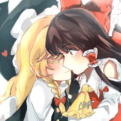 2girls ascot black_gloves blonde_hair blush bow breasts chinese_commentary closed_eyes closed_mouth commentary_request detached_sleeves gloves hair_bow hakurei_reimu heart highres kirisame_marisa long_hair multiple_girls nagi_(pixiv_108409221) open_mouth red_bow red_eyes shirt side_ponytail touhou white_shirt yellow_ascot yuri
