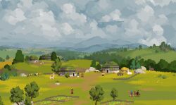 animal building bush camel cloud day field foliage franrekk grass hill horizon house hut landscape llama moss nature no_humans original outdoors people pixel_art scenery sky standing tree