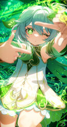 1girl bloomers cross-shaped_pupils detached_sleeves dress genshin_impact gradient_hair green_hair grey_hair hair_between_eyes hair_ornament hands_up highres leaf_hair_ornament looking_at_viewer multicolored_hair nahida_(genshin_impact) one_eye_closed parted_lips pointy_ears revision shibuki_kamone short_sleeves side_ponytail sleeveless sleeveless_dress solo symbol-shaped_pupils underwear white_bloomers white_dress