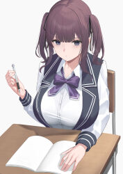 1girl berna_forte black_eyes breasts brown_hair cevio chair closed_mouth commentary_request desk highres holding holding_pen large_breasts long_sleeves medium_hair mole mole_under_eye natsuki_karin notebook pen purple_ribbon ribbon school_chair school_desk shirt simple_background sitting solo twintails white_background white_shirt