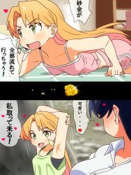 2girls arato_nagi armpits bare_arms blonde_hair blue_hair blush breasts camisole cleavage commentary_request dolphin_shorts ear_blush earrings gold green_eyes green_tank_top heart highres jewelry karuta_(karuta01) large_breasts long_hair looking_at_another multiple_girls open_mouth pink_camisole pink_shorts ruri_no_houseki shirt shorts small_breasts speech_bubble stud_earrings tanigawa_ruri tank_top thought_bubble white_shirt yuri