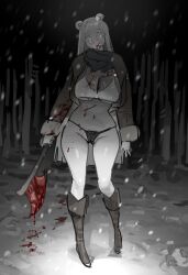 1girl animal_ears axe bear_ears bear_girl blood blood_on_clothes blood_on_face blood_on_ground blood_on_hands blood_splatter blood_stain bloody_weapon boots breasts eeeeee03714610 full_body highres holding holding_axe knee_boots knife large_breasts long_hair monochrome night original outdoors paint pubic_hair pubic_hair_peek scarf scenery snow snowing solo tears thighs thong tree weapon winter