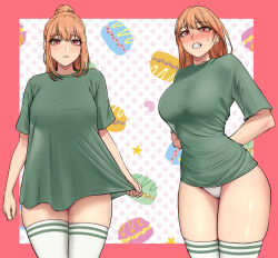 1girl arms_behind_back blush border breasts clenched_teeth closed_mouth commentary cowboy_shot embarrassed english_commentary food green_shirt hair_down highres joonibell large_breasts lee_da-hye_(moby_dick) long_hair looking_at_viewer macaron meme moby_dick_(manhwa) multiple_views orange_hair pajamas_challenge_(meme) panties pantyshot patterned_background pink_border pink_eyes polka_dot polka_dot_background ponytail see-through_silhouette shirt short_sleeves standing sweatdrop t-shirt teeth thighhighs thighs underwear white_panties white_thighhighs