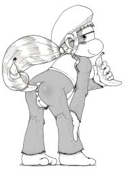 Rule 34 | 1girl, anal, ape, banana, barefoot, bottomless, dixie kong, donkey kong (series), donkey kong country, female focus, food, fruit, half-closed eyes, hat, highres, jewelry, long hair, mario (series), monochrome, naughty face, nintendo, ponytail, smile, solo, super mario bros. 1, toes