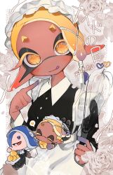 apron blonde_hair colored_extremities colored_eyelashes dark-skinned_female dark_skin frye_(splatoon) highres inkling maid maid_apron maid_headdress maki_chaa nintendo pointy_ears shiver_(splatoon) short_eyebrows splatoon_(series) splatoon_3 tentacle_hair yellow_eyes