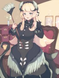 1girl apron blonde_hair blush breasts chamber_dragonmaid dragon_girl dragon_horns dragon_tail dragon_wings duel_monster duster feathered_wings feathers green_eyes highres holding holding_duster horns large_breasts laundry_dragonmaid long_hair long_sleeves looking_at_viewer maid maid_apron maid_headdress notice_lines open_mouth picture_frame shakepuri_purin smile solo tail wings yu-gi-oh!