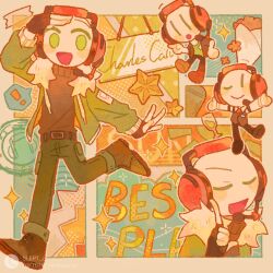 ! 1boy :d ;) ankle_boots arm_up bald belt black_belt black_boots black_gloves black_sweater boots character_name charles_calvin chibi chibi_inset closed_eyes colored_skin commentary drawstring english_commentary english_text fewer_digits fingerless_gloves flower full_body fur_hood gloves green_eyes green_pants halftone halftone_background hand_on_own_forehead headset henry_stickmin_(series) highres hood hooded_jacket jacket lofter_logo long_sleeves looking_at_viewer muchuizzzzz multiple_views no_pupils one_eye_closed open_clothes open_jacket open_mouth outstretched_arm pants puffy_long_sleeves puffy_sleeves red_flower simple_background smile sparkle spoken_exclamation_mark standing standing_on_one_leg star_(symbol) sweater tongue turtleneck turtleneck_sweater u_u white_hood white_skin