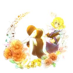 Rule 34 | 1girl, alternate eye color, arm warmers, black skirt, blonde hair, blush, braid, brown shirt, closed mouth, commentary request, expressionless, flower, full body, half up braid, highres, looking at viewer, misaki (pixiv1763138), mizuhashi parsee, no shoes, orange flower, pantyhose, pointy ears, scarf, shirt, short hair, short sleeves, skirt, solo, textless version, touhou, white background, white pantyhose, white scarf