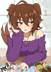 1girl agnes_tachyon_(umamusume) ahoge animal_ears averting_eyes bandaid bandaid_on_finger bare_shoulders bento blush brown_hair character_print commentary_request dantsu_flame_(umamusume) ears_down food hair_between_eyes highres horse_ears horse_girl horse_tail jewelry jungle_pocket_(umamusume) long_sleeves manhattan_cafe_(umamusume) necklace off-shoulder_shirt off_shoulder onigiri open_mouth purple_shirt red_eyes seiji_(artman) shirt short_hair tail tail_wagging umamusume
