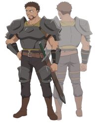 2boys anime_coloring arm_armor armor back beard belt boots breastplate brown_belt brown_eyes brown_hair brown_pants clenched_hands closed_mouth facial_hair full_body greg_zangief hand_on_own_hip highres holding holding_sword holding_weapon isouchi_yuusuke knee_armor looking_at_viewer mature_male multiple_boys multiple_views muscular muscular_male mustache nageki_no_bourei_wa_intaishitai official_art pants scabbard scar scar_on_face scar_on_forehead sheath sheathed shirt short_hair shoulder_armor simple_background standing sword t-shirt transparent_background very_short_hair weapon yellow_shirt