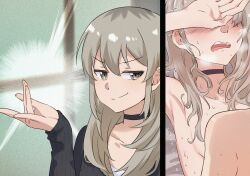 2girls black_choker black_sweater blush choker closed_mouth commentary covering_own_eyes fingering_gesture girls_band_cry grey_eyes grey_hair hashtag-only_commentary highres kawaragi_momoka long_hair multiple_girls open_mouth smile summer_left sweat sweater yuri