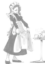 1girl absurdres alternate_costume apron apron_hold blush candy closed_eyes cup dress ear_piercing food full_body greyscale grin hair_over_one_eye highres juliet_sleeves kiora06 long_sleeves maid maid_apron maid_headdress mary_janes monochrome nintendo octoling piercing puffy_sleeves shiver_(splatoon) shoes smile solo splatoon_(series) splatoon_3 steam table teacup teapot tentacle_hair