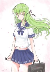 1girl 2016 alternate_costume bad_id bad_pixiv_id bag black_ribbon blue_neckwear blue_sailor_collar blue_skirt c.c. cherry_blossoms code_geass collarbone cowboy_shot dated female_focus floating_hair geass green_hair hair_ribbon holding holding_bag long_hair looking_at_viewer lucky_keai midriff miniskirt navel pleated_skirt ribbon sailor_collar school_bag school_uniform shirt short_sleeves skirt solo standing stomach very_long_hair white_shirt yellow_eyes