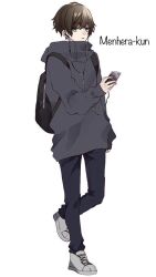 1boy blue_pants brown_hair cellphone full_body grey_eyes grey_jacket jacket looking_at_viewer male_focus menhera_shoujo_kurumi-chan nanase_taichi pants phone short_hair solo solo_focus white_background