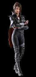 10s 3d belt belt_boots boots brown_eyes brown_hair cape crowe_altius final_fantasy final_fantasy_xv gloves high_collar highres jewelry kingsglaive:_final_fantasy_xv leather leather_gloves looking_at_viewer messy_hair official_art orange_cape thigh_boots thighhighs zipper