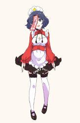 Rule 34 | 1girl, adapted costume, alternate costume, apron, black hair, black shoes, black skirt, blue eyes, breasts, chinese clothes, cleavage, cleavage cutout, clothing cutout, commentary request, enmaided, fingernails, frilled apron, frilled sleeves, frills, full body, garter straps, hat ornament, highres, jack (wkm74959), jiangshi, long sleeves, looking at viewer, maid, maid day, maid headdress, mary janes, medium breasts, miyako yoshika, ofuda, ofuda over one eye, open mouth, parted bangs, red shirt, sharp fingernails, shirt, shoes, short hair, simple background, skirt, smile, solo, star (symbol), star hat ornament, tangzhuang, thighhighs, touhou, white apron, white background, white thighhighs