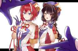 3girls :3 absurdres ange_katrina animal_ears animal_hair_ornament beret blue_eyes blurry blurry_foreground braid breasts brown_hair colored_lapels commentary_request crossed_bangs crown_hat_ornament depth_of_field dog_ears fangs finger_frame flat_chest flower gloves grin hair_between_eyes hair_flower hair_ornament hair_ribbon half_gloves hand_up hands_up hat heterochromia highres idol_clothes inui_toko jacket letterboxed light_blush lize_helesta long_hair looking_at_viewer low_twin_braids multicolored_hair multiple_girls neck_ribbon nijisanji open_mouth outside_border pov purple_gloves purple_hat purple_ribbon red_eyes red_hair red_ribbon ribbon sanbaka_(nijisanji) sanbaka_anniversary_outfit shigure_(sigre) short_hair short_sleeves simple_background small_breasts smile tassel twin_braids two-tone_hair upper_body very_long_hair virtual_youtuber w white_background white_hair white_jacket wrist_ribbon yellow_eyes