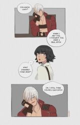 1boy 1girl black_hair dante_(devil_may_cry) devil_may_cry devil_may_cry_(series) devil_may_cry_3 fingerless_gloves gloves green_eyes heterochromia highres jumpoon lady_(devil_may_cry) no_shirt red_eyes shirt signature speech_bubble white_hair white_shirt