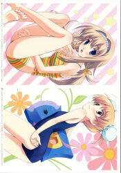 1girl 2000s_(style) 2011 :3 absurdres bare_shoulders between_legs bikini blonde_hair blue_hairband blue_one-piece_swimsuit blush breasts chaos;head chaos;head_love_chu_chu! crossed_ankles dated dot_nose double_bun exif_rotation feet finger_under_clothes floral_background from_side hair_between_eyes hair_bun hair_ornament hair_ribbon hairband hand_between_legs highres long_hair looking_at_viewer looking_back matsuo_yukihiro medium_breasts nishijou_nanami non-web_source official_art one-piece_swimsuit open_mouth orihara_kozue ponytail pulling_own_clothes ribbon scan short_hair side_slit small_breasts smile soles star_(symbol) star_symbol_background striped_bikini striped_clothes striped_hairband striped_ribbon swept_bangs swimsuit tankini teeth toes tongue upper_teeth_only vertical-striped_bikini vertical-striped_clothes