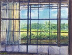 Rule 34 | blue sky, bush, cloud, cloudy sky, curtains, grass, indoors, nature, no humans, norako pastel, original, painting (medium), pastel (medium), plant, scenery, sky, traditional media, tree, window
