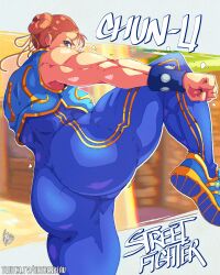 1girl absurdres adjusting_hair alternate_costume artbenbeau artist_name ass bare_shoulders biceps blue_bodysuit bodysuit bracelet breasts brown_eyes brown_hair capcom chinese_clothes chun-li covered_navel curvy double_bun dress hair_bun hair_ornament hair_ribbon highres huge_ass jewelry leg_lift looking_back muscular muscular_female official_alternate_costume ribbon serious shaded_face shiny_clothes short_hair simple_background sleeveless sleeveless_bodysuit solo street_fighter street_fighter_zero_(series) unitard upper_body wide_hips