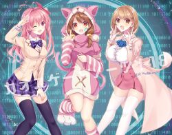 3girls aizaki_momo animal_ears animal_hood anonymous;code antenna_hair black_thighhighs blazer blue_flower blunt_bangs bow bowtie breasts brown_eyes brown_hair brown_jacket buttons cat_ears cat_hood cat_tail chaos;head clothing_request coat collared_shirt detached_sleeves dress dress_shirt flower frilled_shirt frills gloves hair_between_eyes hair_ornament hair_over_shoulder hairpin hand_on_own_chin heart heart_hair_ornament high-waist_skirt highres hood jacket lapels large_breasts long_hair looking_at_viewer low_twintails miniskirt multiple_girls narusawa_ryouka nishijou_myu notched_lapels occultic;nine one_side_up onesie open_mouth paw_shoes pink_coat pink_dress pink_gloves pink_hair pink_skirt plaid_bow plaid_bowtie plaid_clothes plaid_skirt puffy_short_sleeves puffy_sleeves purple_bow purple_bowtie purple_skirt red_trim sakihata_rimi salute school_uniform science_adventure shirt short_sleeves skirt sleeves_past_wrists striped_sleeves suimei_academy_school_uniform sweater sweater_dress tail thighhighs twintails white_petticoat white_shirt white_thighhighs wide_sleeves