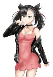 Rule 34 | 1girl, asymmetrical bangs, black choker, black hair, black jacket, black yu, breasts, choker, cleavage, collarbone, commentary request, covered navel, cowboy shot, dress, earrings, hand up, highres, holding, holding poke ball, jacket, jewelry, marnie (pokemon), nintendo, pink dress, poke ball, poke ball (basic), pokemon, pokemon swsh, simple background, single bare shoulder, small breasts, solo, stud earrings, twintails, undercut, white background