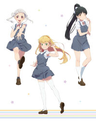 3girls arashi_chisato black_hair blonde_hair blunt_bangs closed_mouth collared_shirt double_bun dress full_body green_eyes grey_dress hair_bun hair_ribbon hairband hazuki_ren heanna_sumire high_ponytail highres kneehighs loafers long_hair looking_at_viewer love_live! love_live!_superstar!! multiple_girls neck_ribbon non-web_source official_art one_eye_closed open_mouth orange_hairband pinafore_dress ponytail red_eyes red_hairband red_ribbon ribbon school_uniform shirt shoes short_sleeves sleeveless sleeveless_dress smile socks standing standing_on_one_leg thighhighs twintails white_background white_hair white_shirt white_thighhighs yellow_eyes yuigaoka_school_uniform zettai_ryouiki