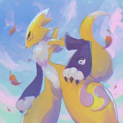 autumn_leaves black_sclera blue_eyes body_fur colored_sclera cowboy_shot digimon digimon_(creature) furry highres hoisotsu01 kitsune leaf profile renamon yellow_fur