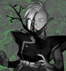 1boy bad_id bad_twitter_id branch dragon_ball dragon_ball_super earrings horror_(theme) jewelry long_sleeves mohawk monochrome parted_lips pointy_ears potara_earrings sash shirt short_hair solo sugao_n3 surprised surreal teeth tree zamasu