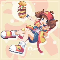 1girl ahoge artist_name badge bandaid bandaid_on_knee bandaid_on_leg black_necktie black_shorts blue_eyes brown_hair burger button_badge cheese collared_shirt food happi headset holding holding_food imadake_dabuchi_tabemi japanese_clothes loose_socks mcdonald&#039;s necktie open_mouth oyuzaki_(ayuzaki) pinstripe_pattern pinstripe_shirt pixel_art shirt shoes shorts socks solo tie_clip twintails visor_cap white_socks wristband