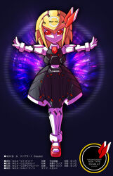 Rule 34 | 1girl, black outline, catchphrase, crossover, emblem, hi-go!, is that so, joints, looking at viewer, mechanical dress, mechanical hair, mechanization, medarot, metal hair, open hands, outline, outstretched arms, red eyes, robot girl, robot joints, rumia, solo, spread arms, touhou