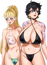 2girls arm_tattoo bikini black_bikini blonde_hair blue_eyes blunt_bangs blush breasts criss-cross_straps doll_(one_piece) earrings heart heart_print hibari_(one_piece) highres hoop_earrings jewelry joy_boy_(jerrydurd) large_breasts multiple_girls nervous nervous_sweating one_piece ponytail red_lips simple_background sweat swimsuit tattoo