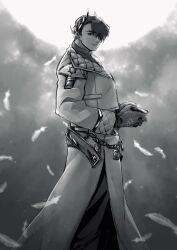 Rule 34 | 1boy, absurdres, belt, chain, coat, e.g.o (project moon), falling feathers, feathers, gold trim, greyscale, highres, lapels, laurel crown, limbus company, looking at viewer, meursault (project moon), monochrome, own hands together, pants, project moon, pursuance (e.g.o), solo, yatsumeunagi