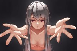 1girl breasts censored convenient_censoring from_above grey_hair hair_censor hair_over_breasts long_hair naraku naraku_2 neun_02 censored_nipples nude outstretched_arms red_eyes smile solo
