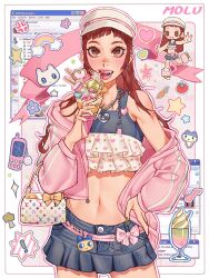 1girl bag belt belt_charm cameo camisole cellphone cellphone_charm character_charm charm_(object) chibi chibi_inset commentary denim denim_skirt english_commentary fashion food handbag hat heart heart_necklace heisei_retro highres holding holding_ice_cream_cone ice_cream ice_cream_cone jacket jewelry long_hair louis_vuitton_(brand) mametchi midriff molu_(sodasnaps) msn_messenger navel necklace open_clothes open_jacket original phone pink_belt pink_jacket red_hair skirt skype solo tamagotchi white_hat window_(computing) y2k_fashion