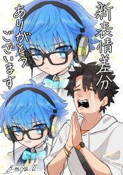 2boys absurdres artist_name black-framed_eyewear black_hair blue_bow blue_bowtie blue_hair bow bowtie closed_mouth commentary_request crying curtained_hair drawstring fate/grand_order fate_(series) fujimaru_ritsuka_(male) fujimaru_ritsuka_(male)_(summer_street) glasses hans_christian_andersen_(fate) happy_tears headphones highres hood hoodie looking_at_viewer male_focus multiple_boys o-miya_(ohmiya_you) open_mouth out_of_character own_hands_together palms_together parody parted_lips partial_commentary rectangular_eyewear short_hair sparkle sparkling_aura streaming_tears style_parody t_t tears teeth translation_request upper_teeth_only v-shaped_eyebrows very_short_hair wada_arco_(style) watch white_hoodie wristwatch