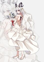 1girl alternate_costume backless_dress backless_outfit bare_shoulders black_hair blush bouquet breasts bridal_veil closed_mouth curled_horns dress earrings elbow_gloves flareza flower from_behind full_body gloves grey_hair high_heels holding holding_bouquet horns jewelry key_earrings large_breasts long_dress long_hair median_furrow multicolored_hair red_eyes scar scar_on_back shoes solo streaked_hair tacet_mark_(wuthering_waves) veil wedding_dress white_dress white_gloves white_shoes white_veil wuthering_waves zani_(wuthering_waves) zoom_layer