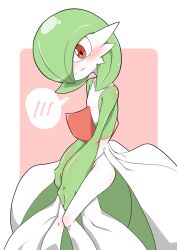 1girl blush bob_cut colored_skin covering_privates dress gardevoir gen_3_pokemon green_skin grey_hair hair_over_one_eye highres kazamidoririnn multicolored_skin nintendo pink_background pink_eyes pokemon pokemon_(creature) simple_background two-tone_skin white_dress white_skin