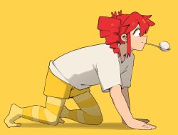 1girl all_fours birdbrain_(synthesizer_v) closed_mouth commentary drill_hair egg english_commentary from_side highres kasane_teto kasane_teto_(sv) machuuu68 on_floor red_eyes red_hair shirt short_sleeves shorts sidelocks simple_background solo spoon striped_clothes striped_thighhighs synthesizer_v thighhighs twin_drills utau utensil_in_mouth white_shirt yellow_background yellow_shorts yellow_thighhighs