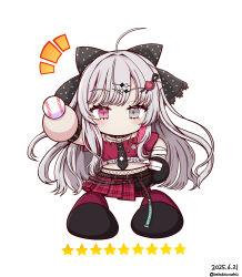 Rule 34 | 1girl, absurdres, ball, bandaged arm, bandages, baseball (object), black bow, black necktie, blush, bow, chibi, chibi only, commentary, dated, full body, grey eyes, grey hair, hair bow, hair ornament, hairclip, hashtag-only commentary, heterochromia, highres, holding, holding ball, ishigami nozomi, ishigami nozomi (1st costume), jikkyou powerful pro yakyuu, jikkyou powerful pro yakyuu (style), long hair, looking at viewer, multicolored hair, necktie, nijisanji, no mouth, notice lines, pink eyes, pink hair, rayman limbs, shiroi tansu, simple background, solo, streaked hair, twitter username, two-tone hair, virtual youtuber, white background