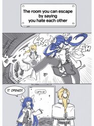 1boy 1girl 3koma blonde_hair blue_hair comic dizzy_(guilty_gear) english_text guilty_gear guilty_gear_xrd hetero highres kicking ky_gwangin ky_kiske