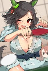 Rule 34 | 2girls, absurdres, akizuki shigure, alternate costume, animal ears, ball, black hair, blue bow, bow, breasts, brown hair, cleavage, commentary request, ear ornament, floral print, hair between eyes, hair ornament, hairclip, highres, horse ears, horse girl, japanese clothes, kimono, large breasts, long sleeves, motion blur, multiple girls, narita taishin (umamusume), one eye closed, open mouth, paddle, short hair, smile, solo focus, sparkle, sweat, table tennis, table tennis ball, table tennis paddle, teeth, umamusume, upper body, upper teeth only, v-shaped eyebrows, winning ticket (umamusume), yukata