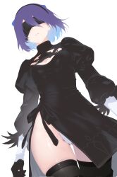 1girl 2b_(nier:automata) 2b_(nier:automata)_(cosplay) a-chan_(hololive) black_dress black_gloves black_hairband black_thighhighs blindfold blue_hair breasts cleavage_cutout clothing_cutout cohi27151463 colored_inner_hair corrupted_twitter_file cosplay covered_eyes dress feather-trimmed_sleeves from_below gloves gluteal_fold hairband highres hololive juliet_sleeves leotard long_sleeves multicolored_hair nier:automata nier_(series) parted_lips puffy_sleeves purple_hair short_hair side_slit simple_background small_breasts solo thigh_gap thighhighs white_background white_leotard