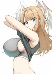 1girl armpits blue_eyes blue_pupils breasts brown_hair commentary_request eunie_(xenoblade) head_wings highres large_breasts long_hair looking_at_viewer okazu2010015 sideboob simple_background solo undressing upper_body white_background wings xenoblade_chronicles_(series) xenoblade_chronicles_3