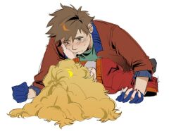Rule 34 | 1boy, 1girl, aged up, bebe stevens, black pants, blonde hair, blue gloves, blush, breasts, brown eyes, brown hair, brown jacket, clenched hand, closed mouth, clyde donovan, fingernails, gloves, green shirt, hair between eyes, hand on another&#039;s face, hand up, hetero, holding hands, jacket, kugai697139, long hair, long sleeves, looking at another, looking down, lying, lying on person, medium breasts, nail polish, on back, open clothes, open jacket, pants, red jacket, red nails, shirt, short hair, simple background, south park, sweat, wavy hair, white background, white shirt