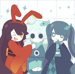 &gt;_o 3girls animal_ears black_hair blue_eyes blue_kimono blush_stickers closed_mouth colored_skin commentary english_commentary fake_animal_ears fang fish funamusea grid_background hair_bun highres japanese_clothes jiiya_(funamusea) kimono long_hair mikotsuhime_(funamusea) multiple_girls no_mouth one_eye_closed oounabara_to_wadanohara open_mouth pipiikki rabbit_ears red_kimono smile sparkle tosatsuhime_(funamusea) twintails uomihime_(funamusea) white_skin yellow_eyes